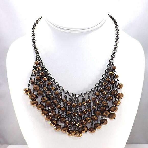 Bronze Faceted Czech Crystal Beaded Fringe Bib Necklace, 19 Inches - Picture 1 of 8